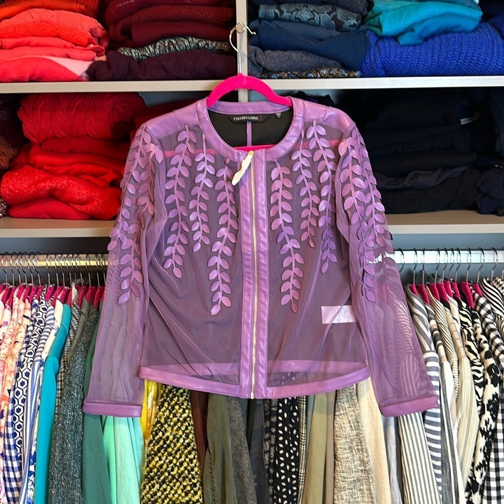 Colleen Lopez lilac sheer sleeve cut out faux leather blazer size XS